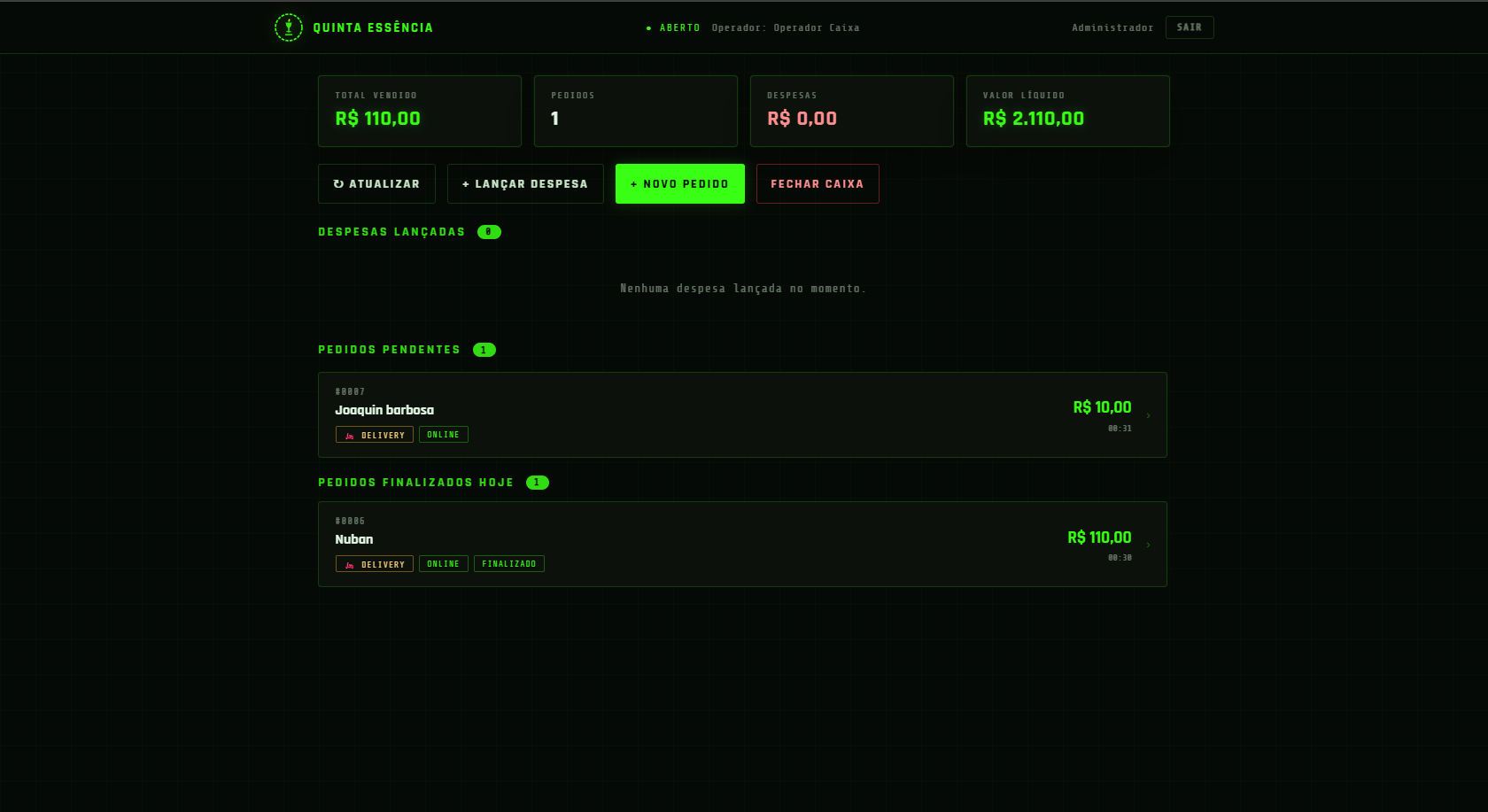 Controle de caixa Quinta Essência